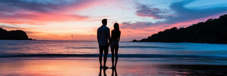 Silhouetted Couple in Love Sharing a Romantic Moment on the Beach at Sunset, With Copy Spaceの素材