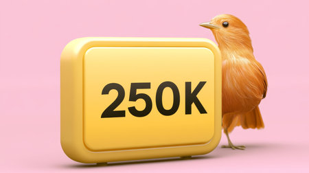 3D Icon of 250k Social Media Followers, Likes, or Subscribers with Bird on Pink Backgroundの素材