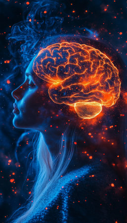 Woman Profile with Digital Glowing Brain, A Surreal Representation of Consciousness and Thought.の素材