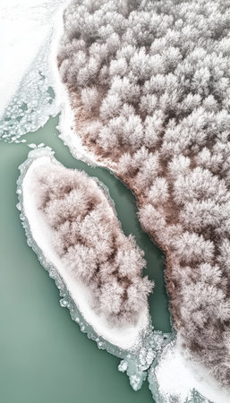 Winter Wonderland, Frozen River Meandering Through a Snow Covered Forest, Aerial View from Aboveの素材