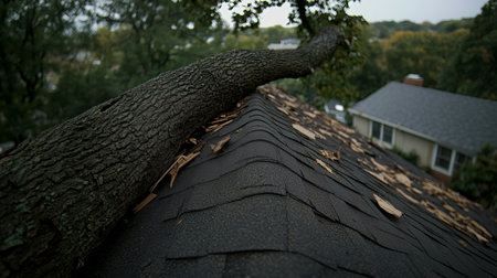 Fallen Tree Damage on House After a Severe Storm, Autumn Storm Aftermath with Insurance Implicationsの素材