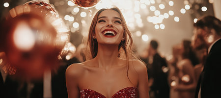 Happy And Having Fun. Carefree Girl With Sparkling White Smile Enjoying New Year s Eve Partyの素材