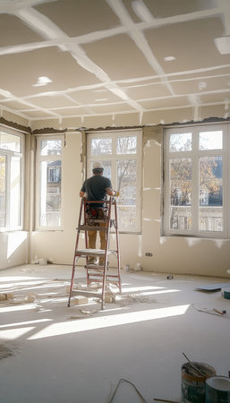 Drywall Installation. Construction Worker On A Ladder In The Middle Of Work On Apartment Renovation.の素材