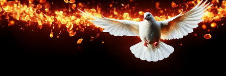 White Dove In Flight Amidst Burning Embers On Dark Background , Symbol Of Peace, Spiritualityの素材