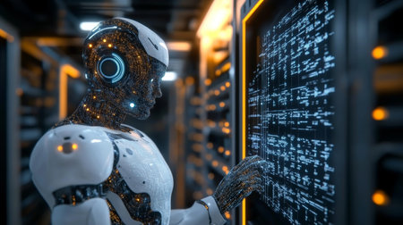 Advanced AI Robot Examining Data Streams, Exploring Complex Algorithms in Futuristic Data Centerの素材