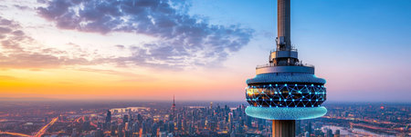 Modern City Skyline at Sunset with Iconic Tower Illuminated in Futuristic Digital Network Styleの素材