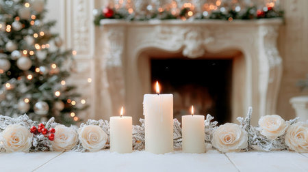 Christmas Still Life, Candles, and Flowers on a Background of a Fireplace and Christmas Treeの素材