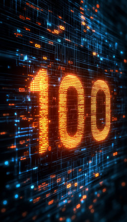 Glowing Binary Code Number 100 on Abstract Technology Background, Digital Transformation Conceptの素材