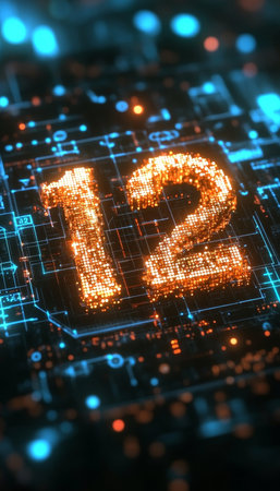 Glowing Digital Number 12 In Futuristic Style On Digital Abstract Technology Backgroundの素材