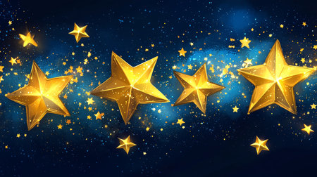 Five Shining Golden Stars on a Sparkling Blue Background, Perfect for Celebratory Designsの素材