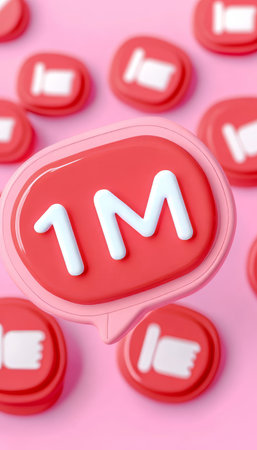One Million Followers Concept 1M Text on Red Speech Bubble With Many Like and Comment Iconsの素材