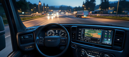 Modern Truck Dashboard with Navigation System, Comfortable Steering Wheel and Evening Road View.の素材