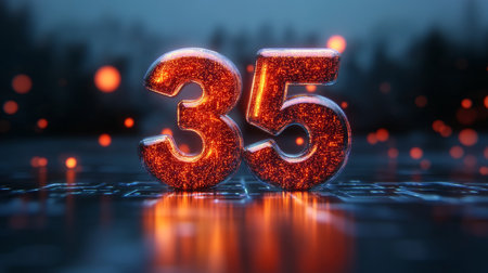 Glowing 3D Number 35 on Futuristic Digital Background with Orange Lights, Celebration Concept.の素材