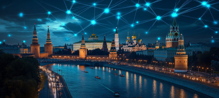 Moscow Cityscape At Night With Kremlin And Digital Network Connection, Concept Of Smart City.の素材