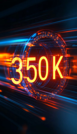Glowing Digital 3D Number 350K in Futuristic Style With Motion Blur on an Abstract Backgroundの素材