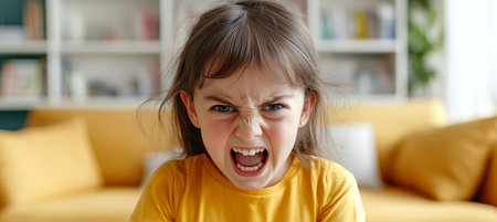 Portrait of a Frustrated Little Girl Screaming with Anger, Having a Tantrum at Homeの素材