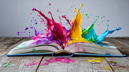 Open Book With A Colorful Paint Splash Explosion, Creativity And Imagination Concept.の素材