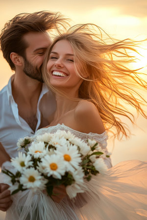Radiant Couple in Love Embraces on the Beach, Golden Sunlight Illuminating Their Happinessの素材