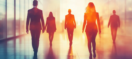 Silhouettes Of Business People Walking In Modern Office Leadership, Teamwork And Human Resourcesの素材