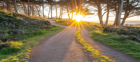 Golden Hour Path Through Tranquil Forest, Sunlight And Shadows, Natural Woodland Landscapeの素材