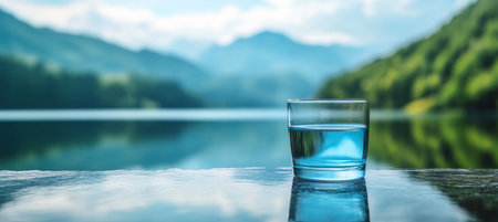 Glass of Pure Water with Tranquil Mountain Lake Reflection A Serene Nature Backgroundの素材