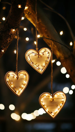 Glowing Heart Shaped Lights. Dreamy Background Bokeh With Twinkling Decoration, Copy Spaceの素材
