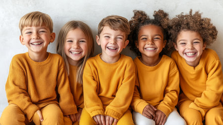 Joyful Multiethnic Children Laughing Together in a Studio Portrait, Showing Diversity and Friendshipの素材