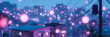 Glowing Cityscape Serene Urban Lights at twilight, neighborhoods with softly blurred background.の素材