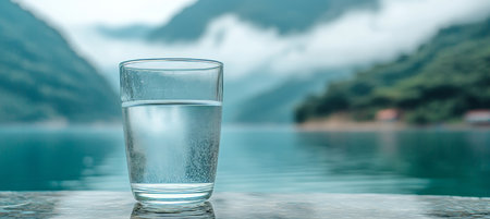 Glass of Clear Water, Blurred Mountain Lake Background. Refreshing Drink, Nature, Healthy Lifestyle.の素材