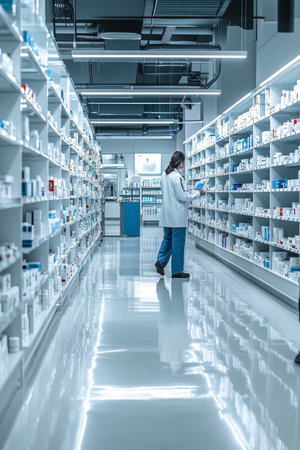 Pharmacist Organizing Medicine On Shelf At Pharmacy, Health Care And Medical Background.の素材