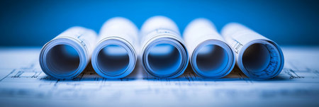 Rolled Architectural Blueprints on Table Construction, Engineering, and Design Conceptの素材