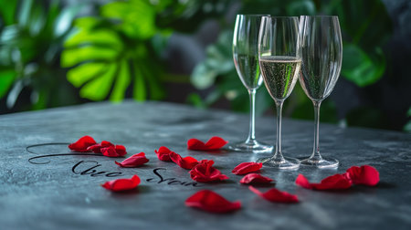 Romantic Celebration, Three Champagne Glasses Adorned with Scattered Rose Petals on Textured Tableの素材