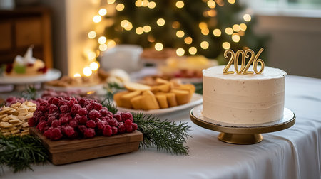 Celebrating New Year 2026 Festive Holiday Dessert Spread With Sparkling Bokeh Lights Backgroundの素材