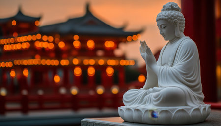 Serene White Buddha Statue in Meditation Pose with Illuminated Traditional Chinese Temple Backgroundの素材