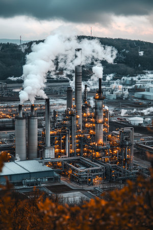 Industrial Plant at Twilight A Panoramic View of Production, Pollution, and Environmental Impact.の素材