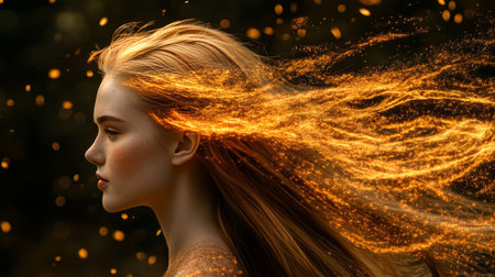 Cosmic Flow Portrait of a Woman With Glowing Particles, Conceptual Art of Transformation and Energyの素材