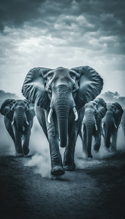 Elephant Herd, Dust, Power, Monochromatic, Wildlife, Nature, Safari, Africa, Strength, Family, Unityの素材