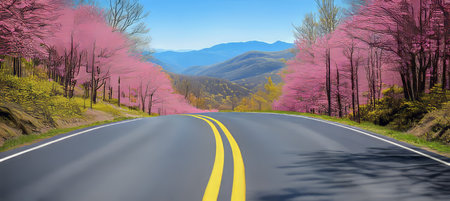 Winding Mountain Road Through a Corridor of Blooming Pink Cherry Trees in the Spring.の素材