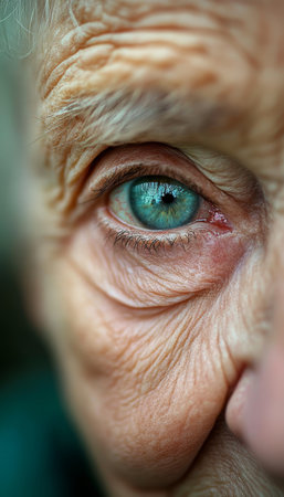 Close-Up Portrait of an Aged Face Time, Wrinkles, and the Expressive Blue Eye, Soft Focusの素材