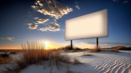 Empty Billboard Against Sunset Sky on a Deserted Beach Advertising, Marketing Conceptの素材