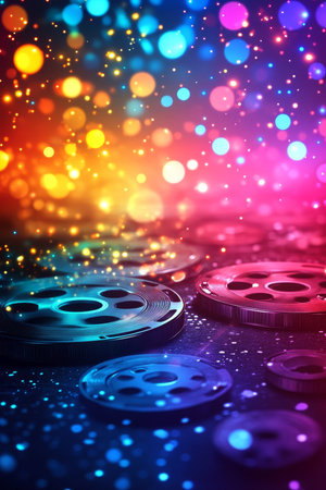 Glowing Film Reels on a Vibrant Colorful Background Perfect for Entertainment and Artsの素材
