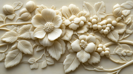 Intricate Floral Plaster Relief, Decorative Art Background, White Floral Wall Panel Textureの素材