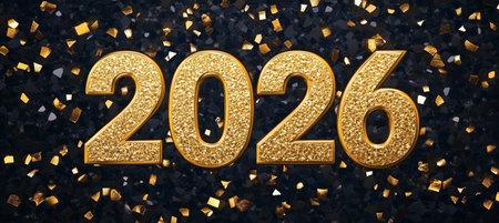 Golden Glitter Number 2026 on a Black Background with Gold Confetti for Celebration Designの素材