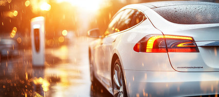 White Electric Car Charging at Station in Rainy City, with Copy Space Raindrops and bokehの素材