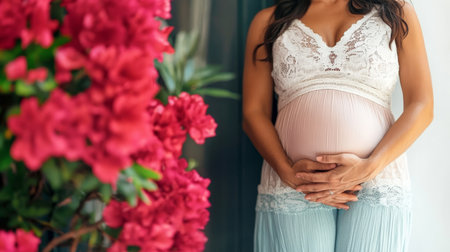 Pregnant Woman in Stylish Attire Gently Cradling Her Baby Bump, Concept of Motherhoodの素材