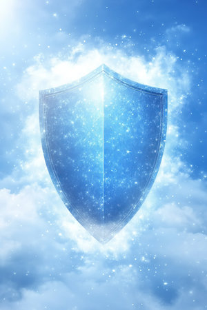 Blue Shield in the Clouds Concept of Data Security, Insurance, and Protection. Abstract Backgroundの素材