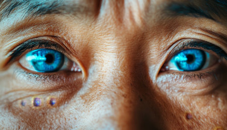 Close Up Worried Gaze of Senior Woman s Striking Blue Eyes, Emphasizing Age and Emotionの素材