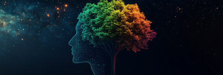 Abstract Wireframe Human Head With Colorful Tree Growing From It on a Starry Night Backgroundの素材