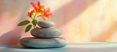 Serene Spa Stones and Lily Flowers, Tranquil Background, Wellness and Relaxation Conceptの素材
