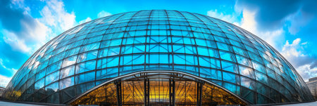 Modern Glass Dome Architecture, Urban Cityscape, Futuristic Building Design, Blue Sky, Cloudsの素材
